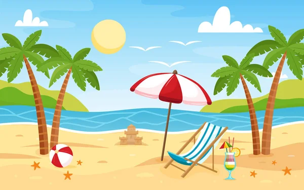 Chaise longue et parasol sur la côte de sable. Paysage de plage. Fond marin. Design d'été coloré. Blank pour cartes postales et bannières. Illustration en style plat — Photo