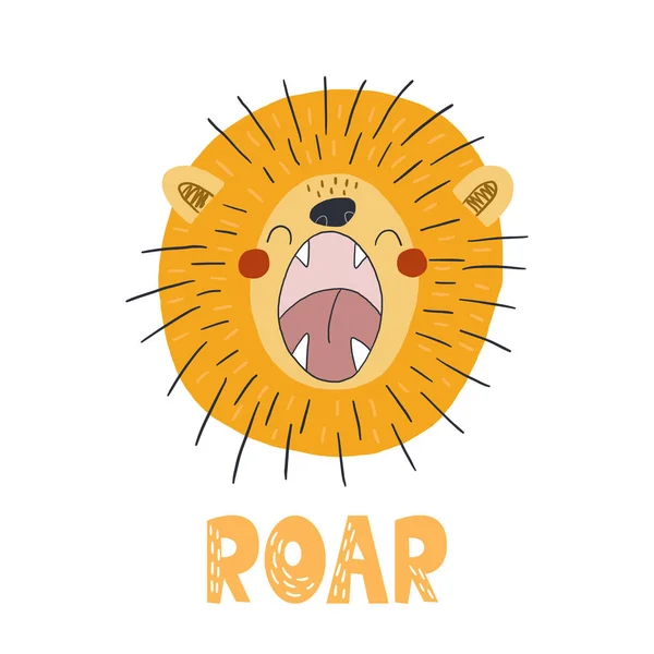 Funny cute scandinavian lion cartoon style. Vector print with lion. Printable templates. vector print. Perfect for kids apparel, poster, baby shower card. Vector illustration — Stock Vector