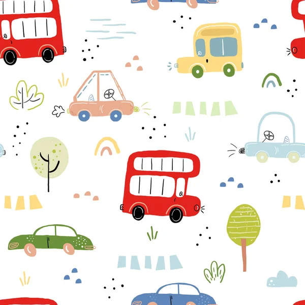 Naadloos patroon met cartoon auto. vectorafdruk. Perfect voor kinderstof, textiel, kinderbehang. Afdrukbare sjablonen. — Stockvector