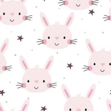 Kusursuz desenli sevimli karakter. Hayvan yavrusu tavşan. Bebek partisi için vektör baskısı. Yazdırılabilir şablonlar. Tavşanla vektör deseni.