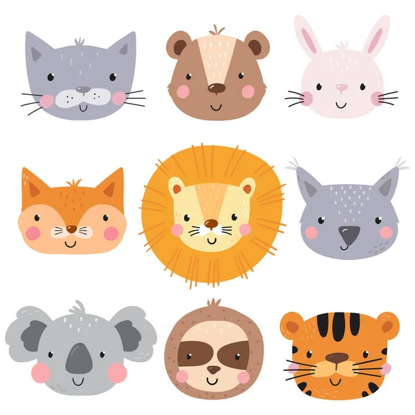 Lion mignon, ours, chat, lapin, paresseux, tigre, koala, renard, lapin. Illustration vectorielle dessinée à la main pour affiches, cartes, t-shirts. Modèles imprimables — Image vectorielle