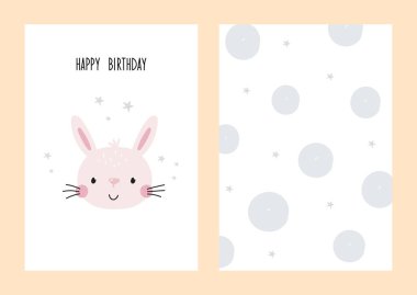 Bebek hediye kartı tasarımı. Şirin küçük buny - vektör çizimi. Bunny karakterli bebek için eğlenceli bir baskı..