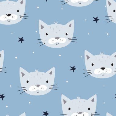 Küçük sevimli kediyle kusursuz bir desen. Bebek partisi için vektör baskısı. Yazdırılabilir şablonlar