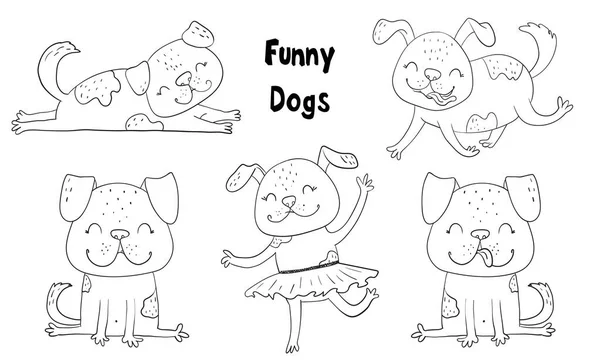 Impresión vectorial con lindos perros divertidos de moda. Ilustración vectorial. Conjunto de perros. Bosquejo blanco y negro. — Archivo Imágenes Vectoriales