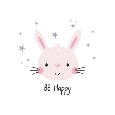 Mutlu yazılar olsun. Şirin küçük buny - vektör çizimi. Bunny karakterli bebek için eğlenceli bir baskı..