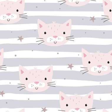 Küçük sevimli kediyle kusursuz bir desen. Bebek partisi için vektör baskısı. Yazdırılabilir şablonlar