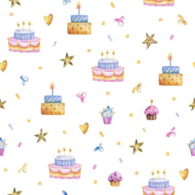 Beyaz arka planda kek, kek, yıldızlar ve dekoratif elementlerden oluşan kusursuz bir suluboya deseni. Kutlama kağıtları, kumaşlar, ambalajlar, tebrik kartları ve doğum günü kutlamaları için uygun.