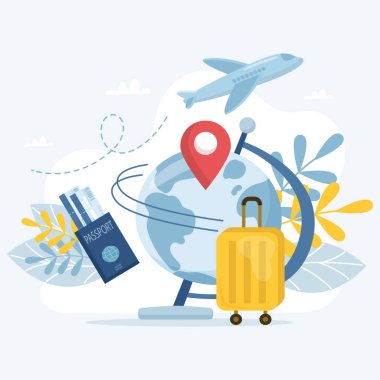 Dünya, konum kodu, bavul, pasaport, uçak bileti ve uçak bileti içeren bir iş seyahatinin veya turizm konseptinin düz vektör çizimi