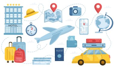 Otel, uçak, bavul, harita, akıllı telefon navigasyon, pasaport ve seyahat aksesuarları da dahil olmak üzere düz vektör çizim ve turizm nesneleri