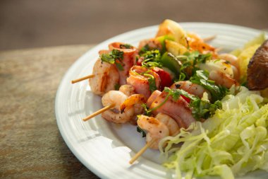 Shrimp skewer at a restaurant in El Cuyo, a fishing village on Mexico's Yucatan Peninsula.