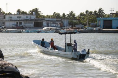 El Cuyo, Mexico; November 1, 2025: Fishing boats in the harbor of a fishing village in Yucatan.