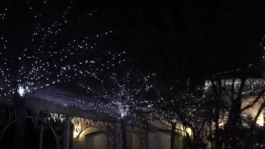 Gece beyaz Noel ışıklarıyla süslenmiş şık lüks bir ev, ağaçlar ve çatılar üzerinde şenlikli bir aydınlatma, ışıldayan çelenkler ve karlı manzaralı kış tatili atmosferi.