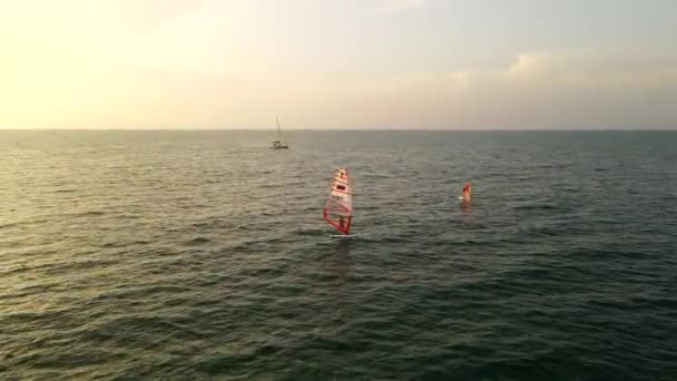 Luchtfoto van windsurfen in het kalme diepblauwe van de zee, extreme zomersport — Stockvideo