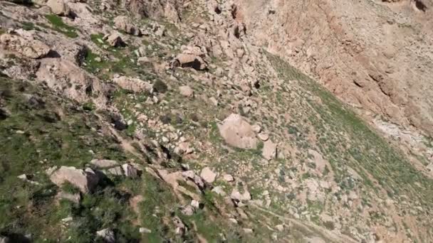 Flygdrönare skott av torr dal och berg på Binyamin Region i Blå himmel, Judéen och Samarien Område, Israel — Stockvideo