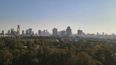Yeşil ağaçlı yeşil bir parka karşı gökdelenleri olan şehir manzarası. hava görüntüsü 4K 