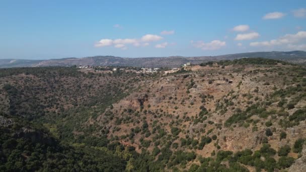 Tiro aéreo de paisagem verde contra céu claro, Drone voando no dia ensolarado - Galiléia, Israel — Vídeo de Stock