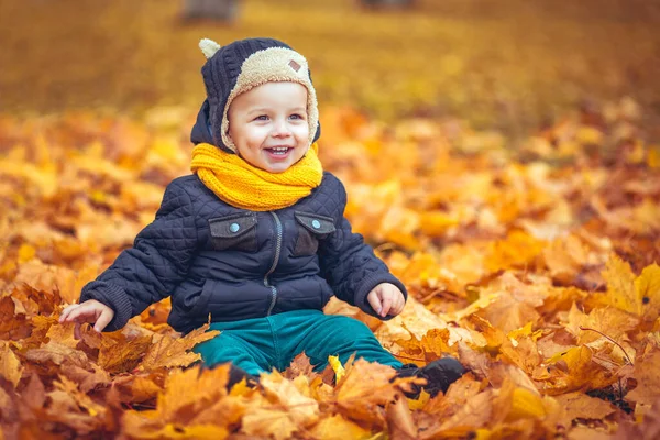 Menino feliz no parque de outono — Fotografia de Stock