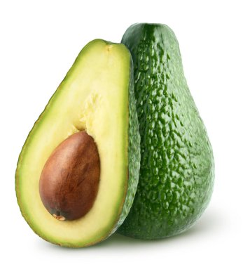 İzole avokadolar. Kesme yolu ile beyaz arka planda yarı izole tüm avokado