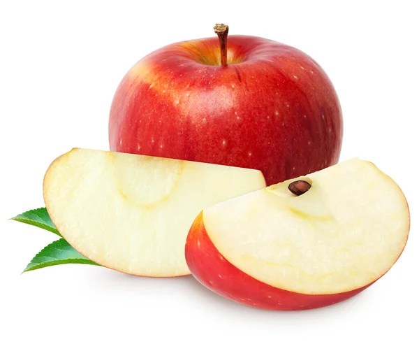 Изолированные Яблоки Целый Красный Плод Яблока Ломтиком Вырезать Листьями Изолированы — стоковое фото