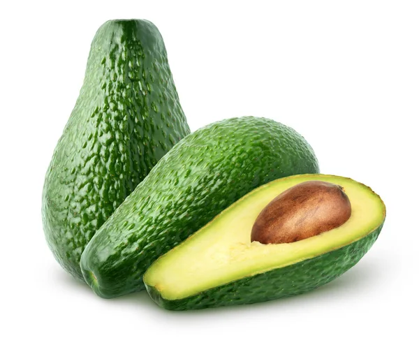 Vereinzelte Avocados Zwei Ganze Avocado Mit Halben Früchten Isoliert Auf — Stockfoto