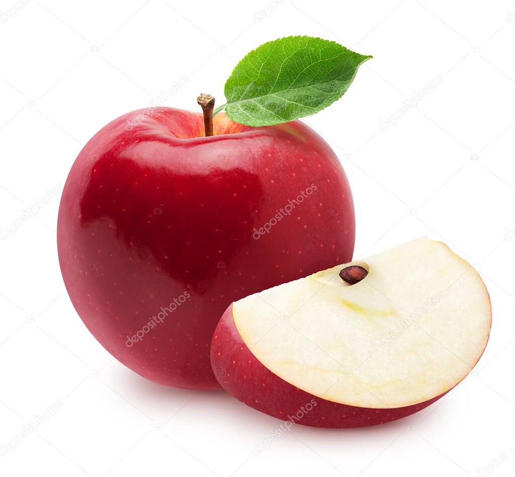  Isolated apples. Whole red, pink apple fruit with slice isolated on white with clipping path