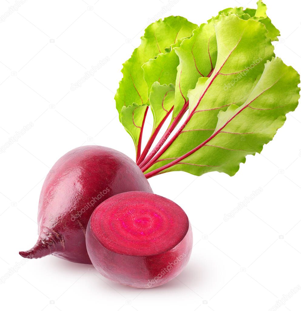 Isolated Beetroots. Whole and half beetroots with leaves isolated on white background with clipping path