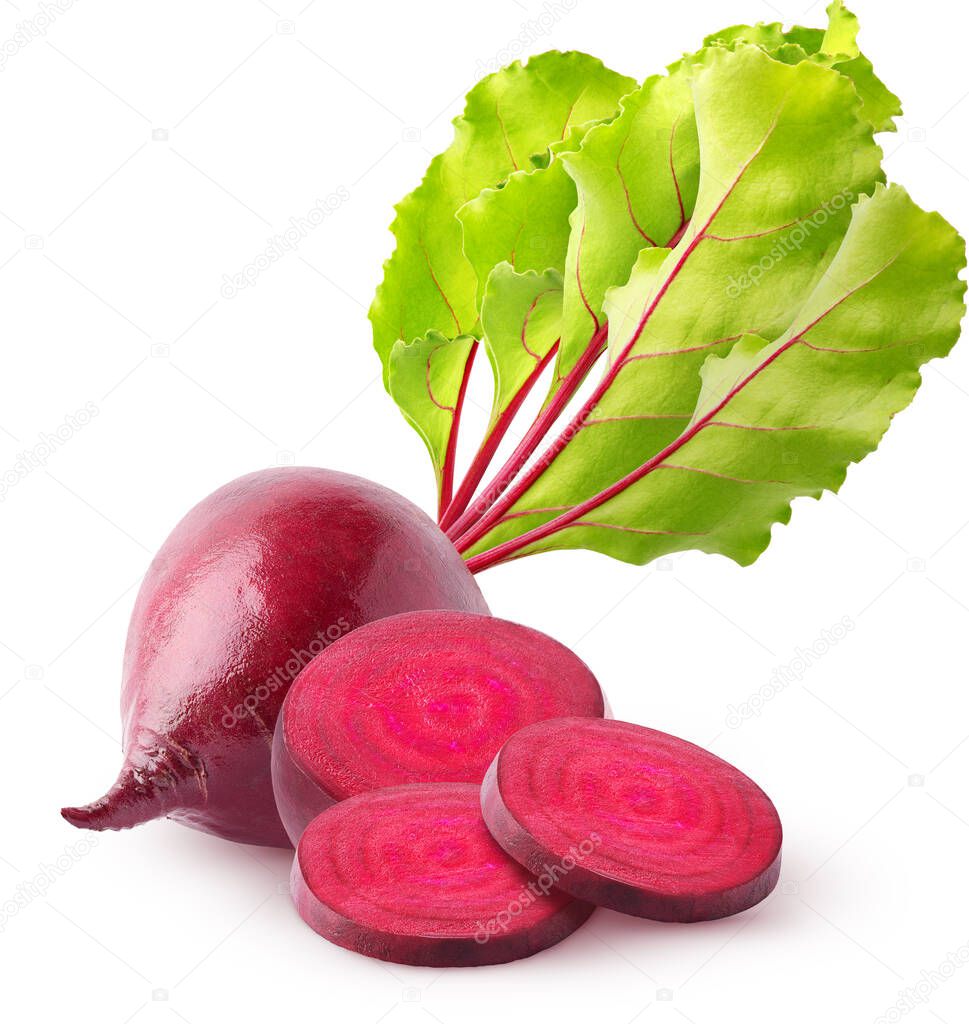 Isolated Beetroots. Whole, half and slices of beetroots with leaves isolated on white background with clipping path