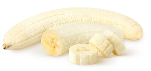 Isolierte Bananen Ganze Geschälte Bananenfrüchte Die Hälfte Und Scheiben Isoliert — Stockfoto