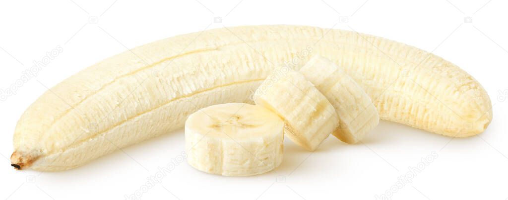 Isolated bananas. Peeled banana fruit with slices isolated on white background with clipping path