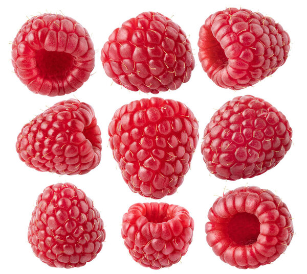 Коллекция ягод. Различные формы из девяти фруктов малины изолированы на белом с обрезкой пути