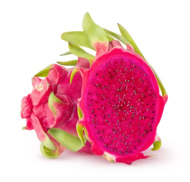 İzole edilmiş ejderha meyvesi. Kırmızılı pitahaya meyvesini kes beyaz arkaplanda kırpma yolu ile izole edilmiş