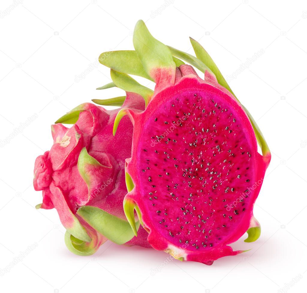 Isolated dragonfruit. Cut red pitahaya fruit isolated on white background with clipping path
