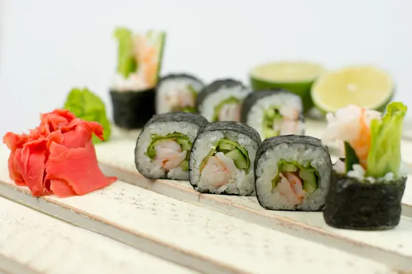 Japanese seafood sushi roll selective focus — Stock Photo, Image