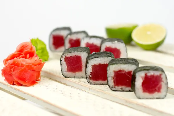 Japanese seafood sushi roll selective focus — Stock Photo, Image