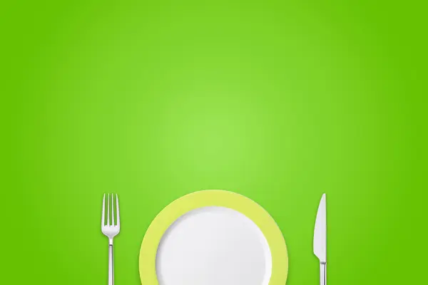 Plaat met vork en mes op salade achtergrond — Stockfoto