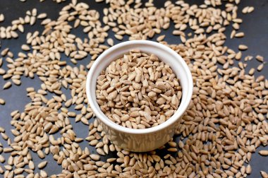 Siyah arka plan üzerine gri ayçiçeği tohumu