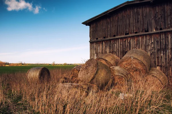 Landscape with bale and old shed — Stock Photo, Image