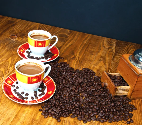 The concept of coffee on a brown wooden table — Stock Photo, Image