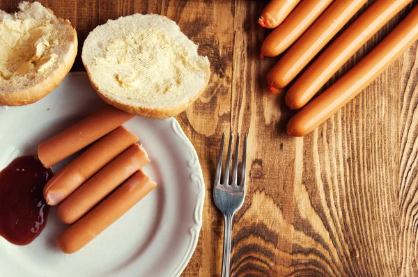 Gekochte Würstchen Auf Holzgrund Mit Platz Für Text — Stockfoto