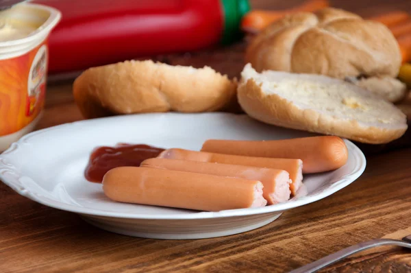 Gekochte Würstchen Auf Holzgrund Mit Platz Für Text — Stockfoto