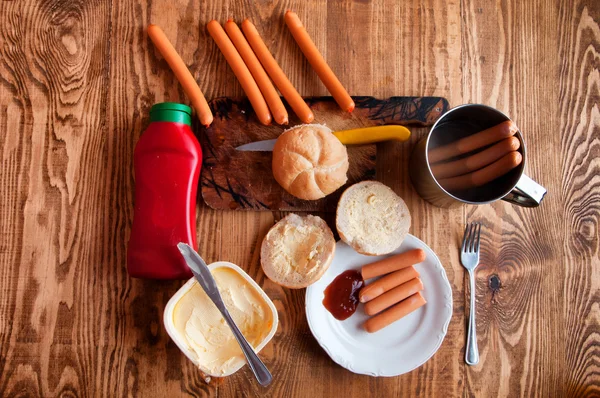 Gekochte Würstchen Auf Holzgrund Mit Platz Für Text — Stockfoto