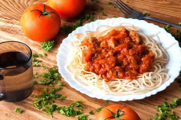 Italian Spaghetti Wooden Table Text Space — Stock Photo, Image