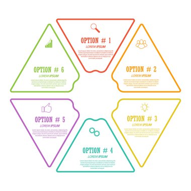 Görsel simgelerle bilgi şablonu. Ticaretin 6 aşaması, eğitim, pazarlama ya da finansal başarı. Vektör illüstrasyonu