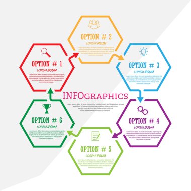 Görsel simgelerle bilgi şablonu. Ticaretin 6 aşaması, eğitim, pazarlama ya da finansal başarı. Vektör illüstrasyonu