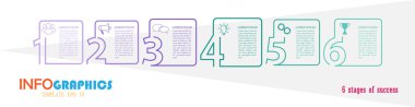 Pictogramlı bilgi grafikleri. Ticaretin, eğitimin, pazarlamanın ya da finansal başarının 6 aşamasının şablonu. Vektör illüstrasyonu