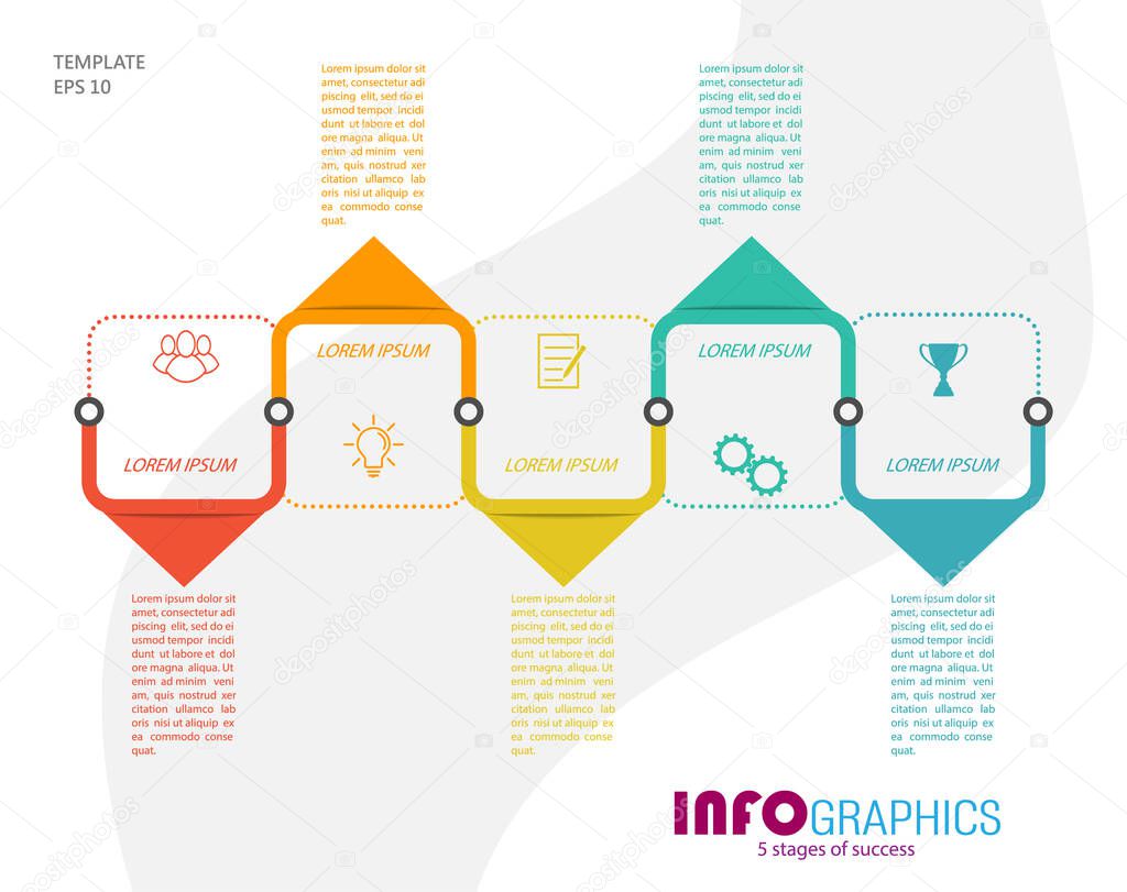 Infographics with pictograms. Template of 5 stages of business, training, marketing or financial success. Vector illustratio