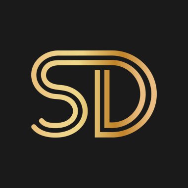 Büyük harfli S ve D harfleri. Logo, marka veya logo için altın renkli düz dizayn. Vektör illüstrasyonu