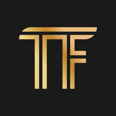 Büyük harflerle T ve F harfleri. Logo, marka veya logo için altın renkli düz dizayn. Vektör illüstrasyonu