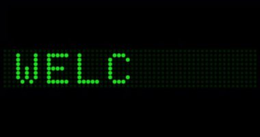 Hoş geldin tabelası görünür, yanıp söner ve elektronik panoda kaybolur. Stok videosu