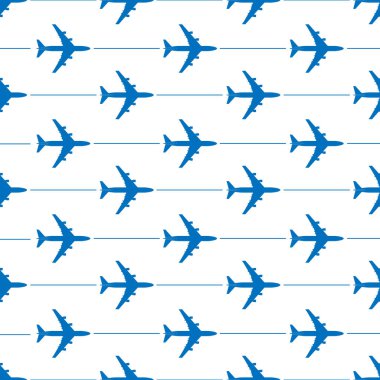 Uçan uçaklarla kusursuz bir düzen. Basit arka planlar, ambalaj ve tekstil için vektör çizimi. Basit tasarım